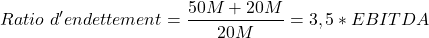 \[    Ratio\ d'endettement = \frac{50M + 20M}{20M} = 3,5 * EBITDA \]